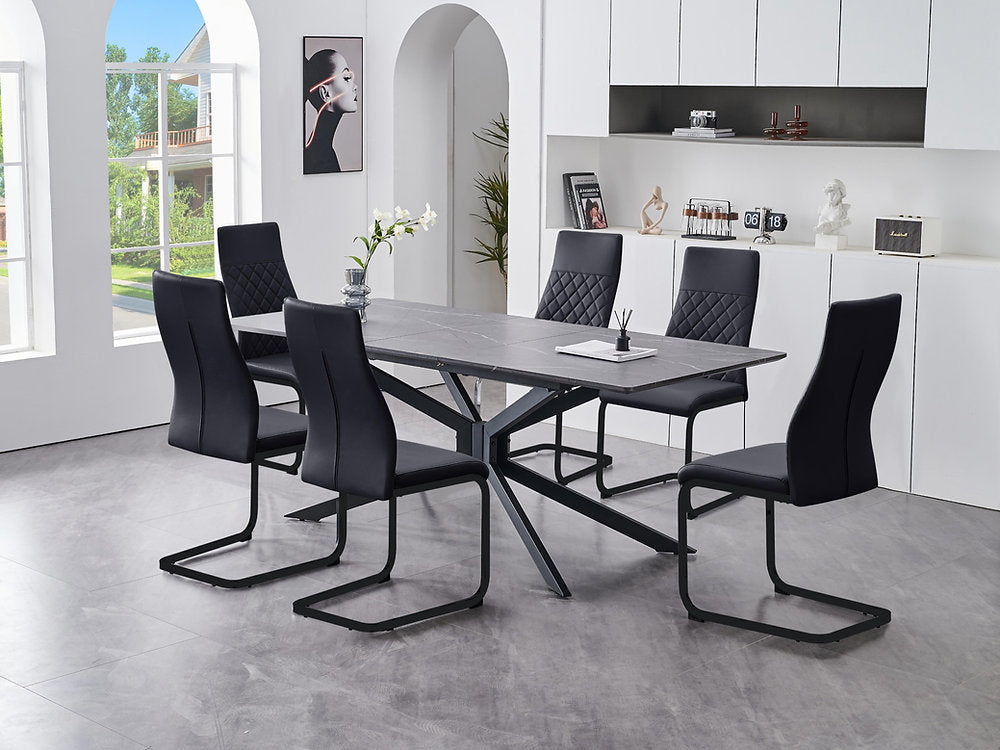 Modern Grey Marble Table & Black Steel Chair Set