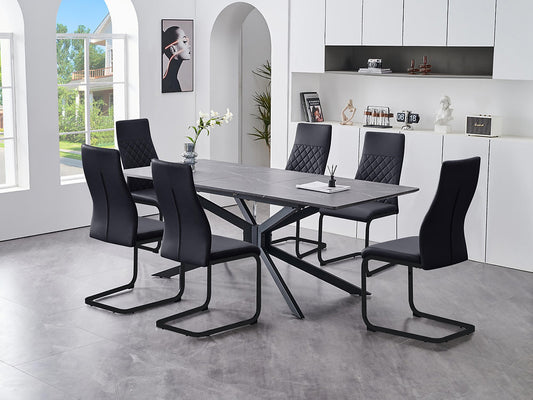 Modern Grey Marble Table & Black Steel Chair Set