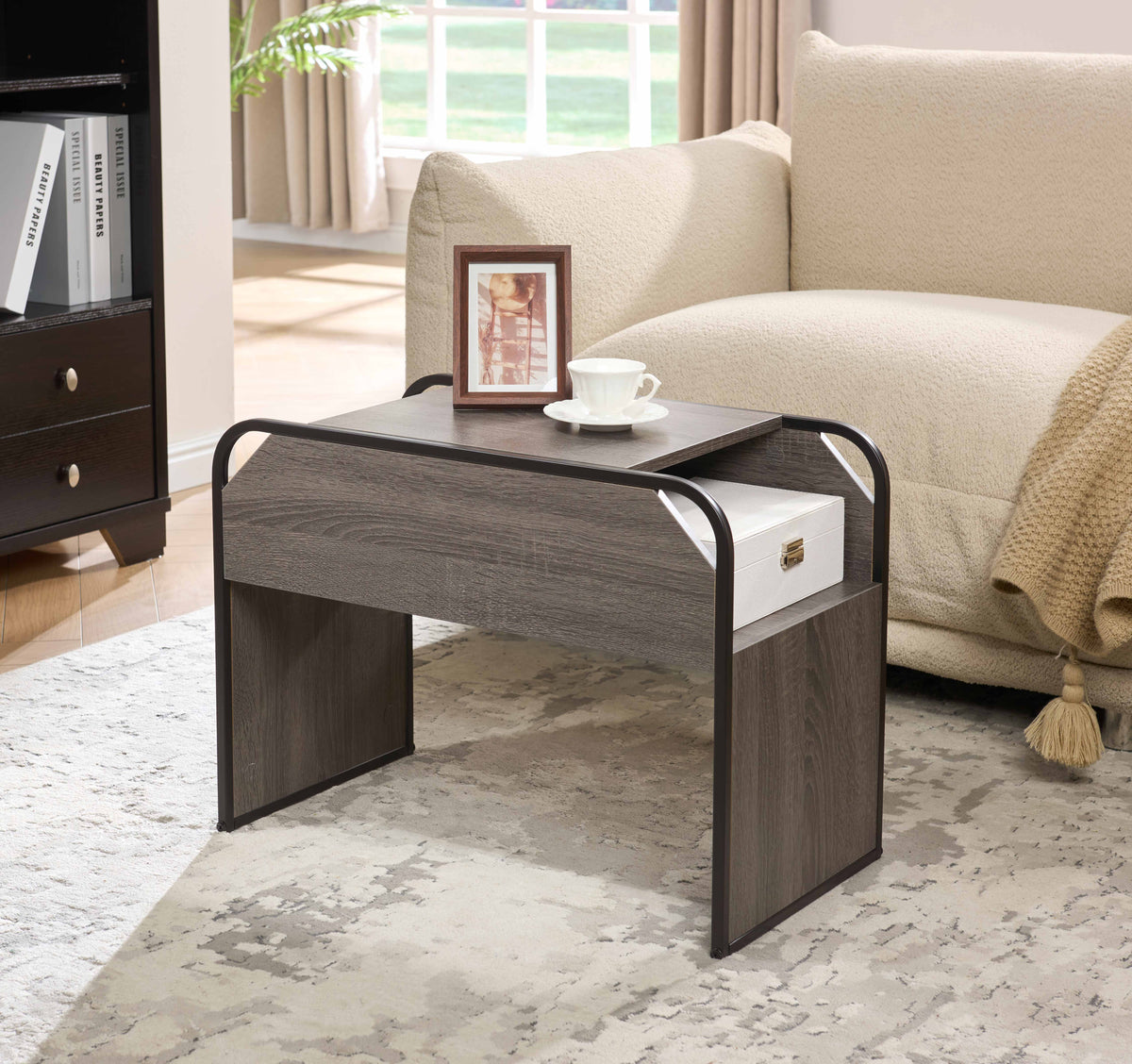 C-Shaped Side Table with Open Storage – Grey Oak