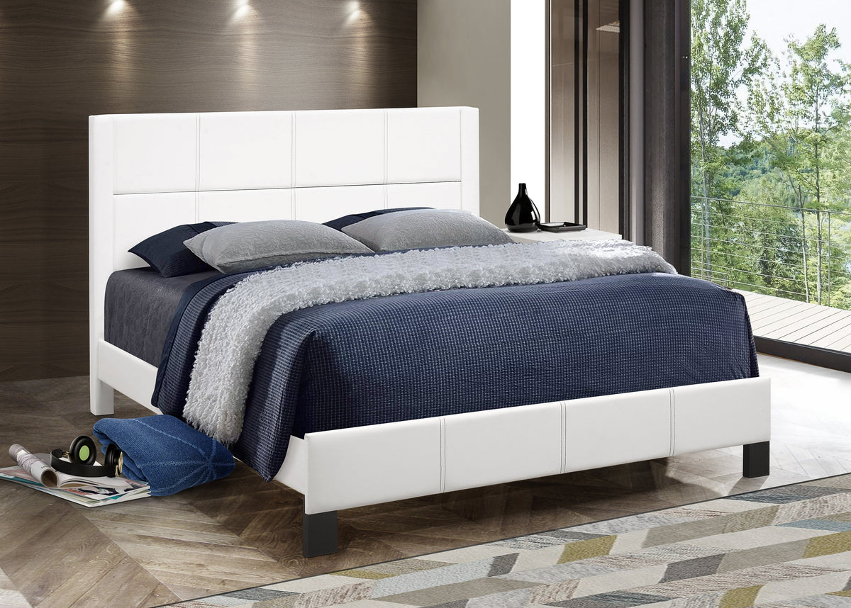 Upholstered Bed with Contrast Stitching – White Faux Leather
