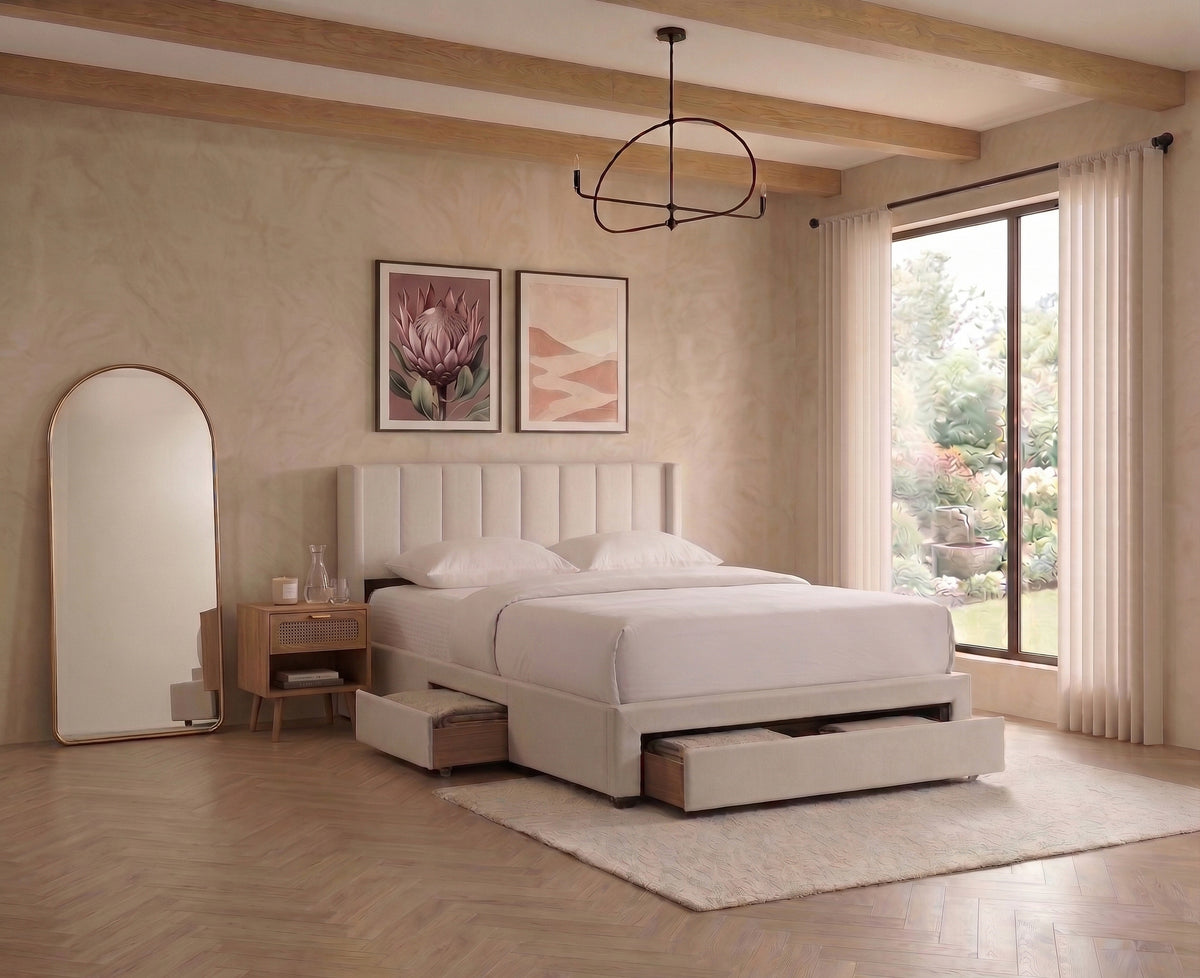 Vertical-Tufted Storage Bed with 3 Compartments – Creme