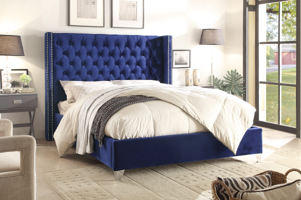 Button-Tufted Velvet Wingback Bed with Chrome Nailheads – Blue
