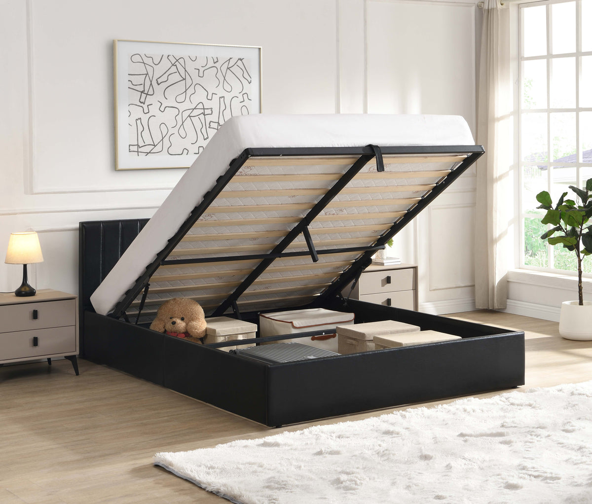 Hydraulic Lift Storage Bed – Black Faux Leather