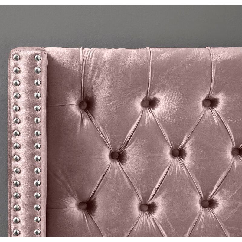 Button-Tufted Velvet Wingback Bed with Chrome Nailheads – Dusty Pink