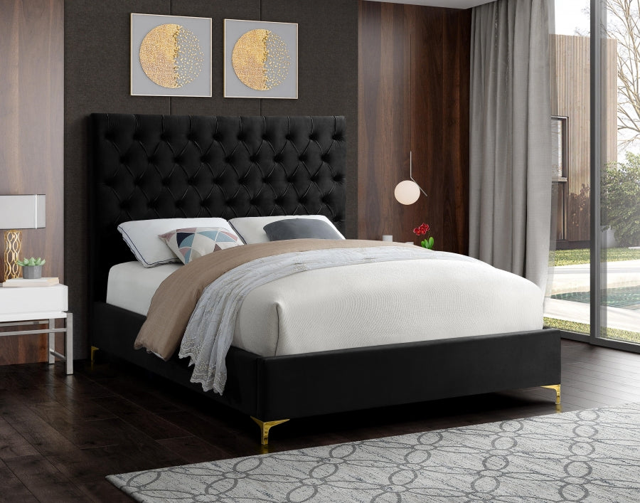 Deep Button-Tufted Velvet Bed with Chrome & Gold Legs – Black