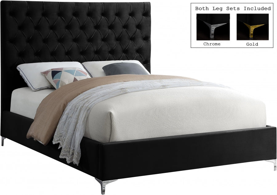 Deep Button-Tufted Velvet Bed with Chrome & Gold Legs – Black
