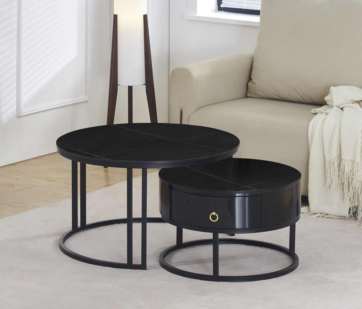 Round Stone Coffee Tables with Storage Drawer – Set of 2 – Midnight Black
