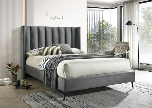 Deep-Tufted Velvet Wingback Bed – Grey