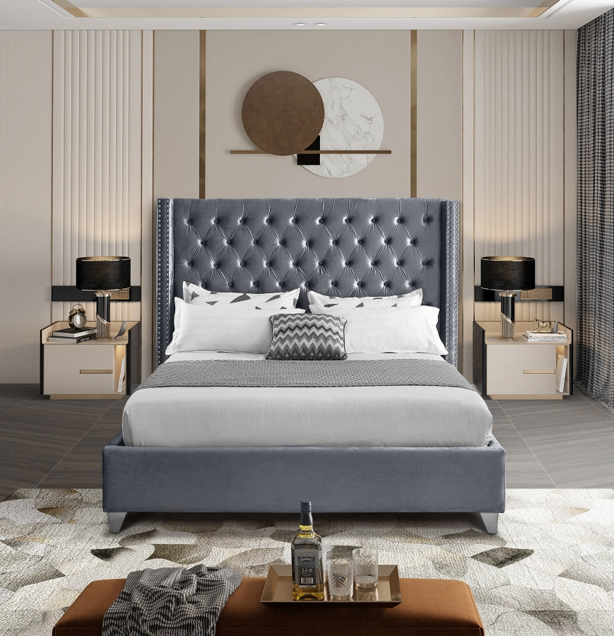 Button-Tufted Velvet Wingback Bed with Chrome Nailheads – Grey