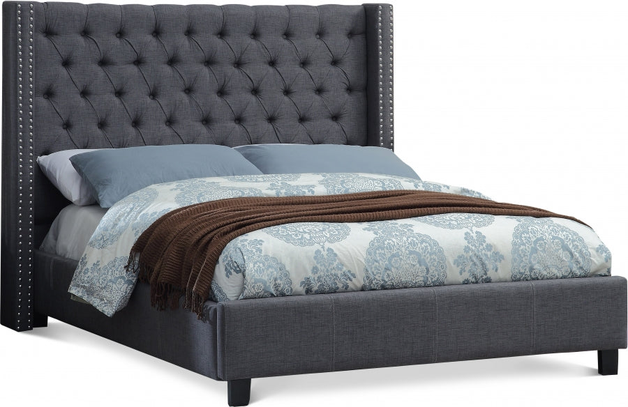 Button-Tufted Wingback Bed with Nailheads – Grey Fabric