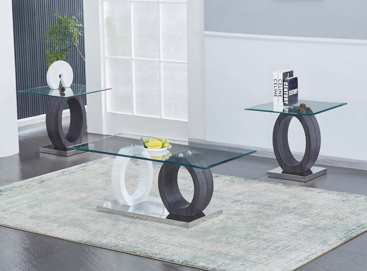 Glass Coffee Table Set with Ring Bases – White and Dark Grey