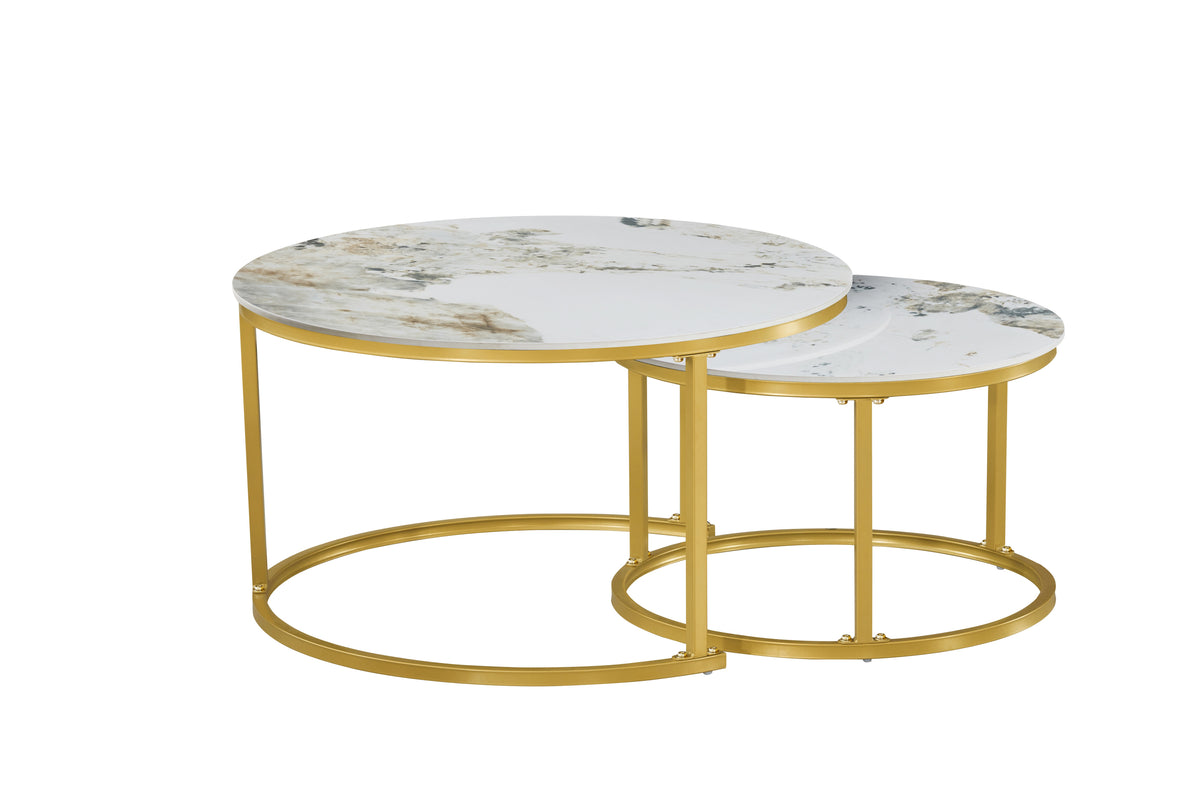 Round Sintered Stone Nesting Coffee Tables – Set of 2 – Pandora with Gold Base