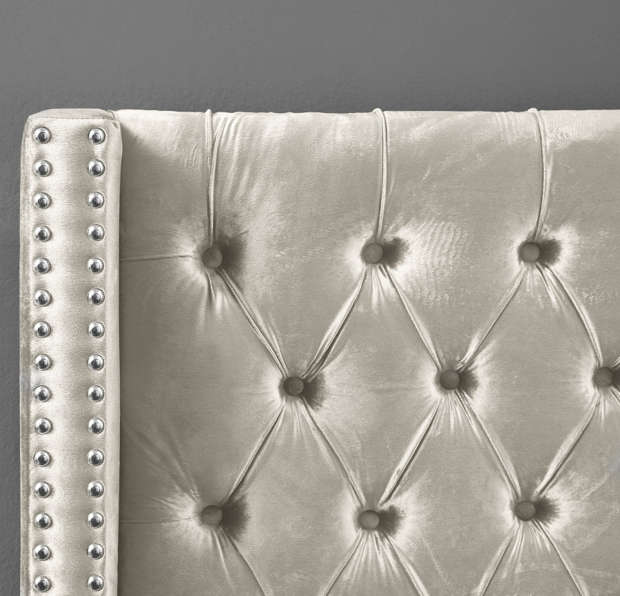 Button-Tufted Velvet Wingback Bed with Chrome Nailheads – Creme