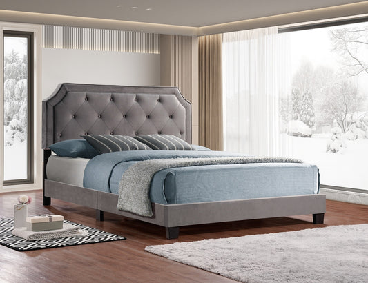 Diamond-Tufted Velvet Bed – Grey