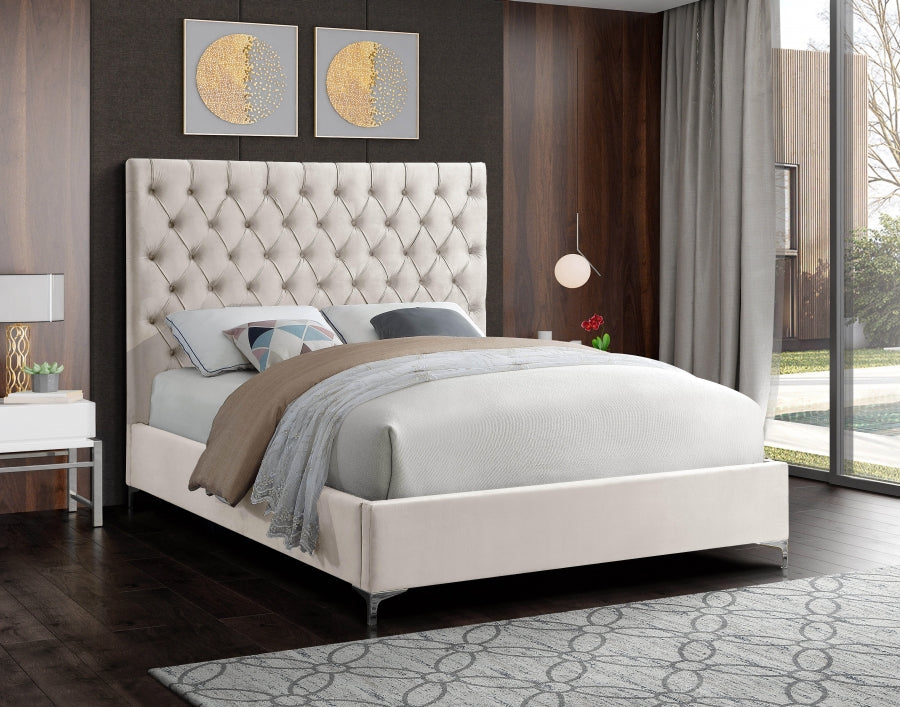 Deep Button-Tufted Velvet Bed with Chrome & Gold Legs – Creme