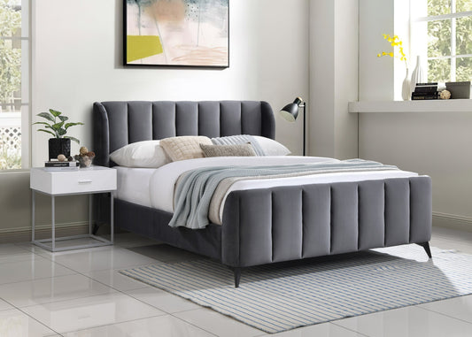 Grey Velvet Wingback Bed with Vertical Tufting