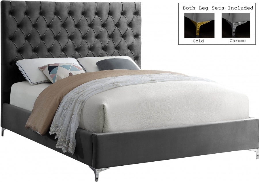 Deep Button-Tufted Velvet Bed with Chrome & Gold Legs – Grey