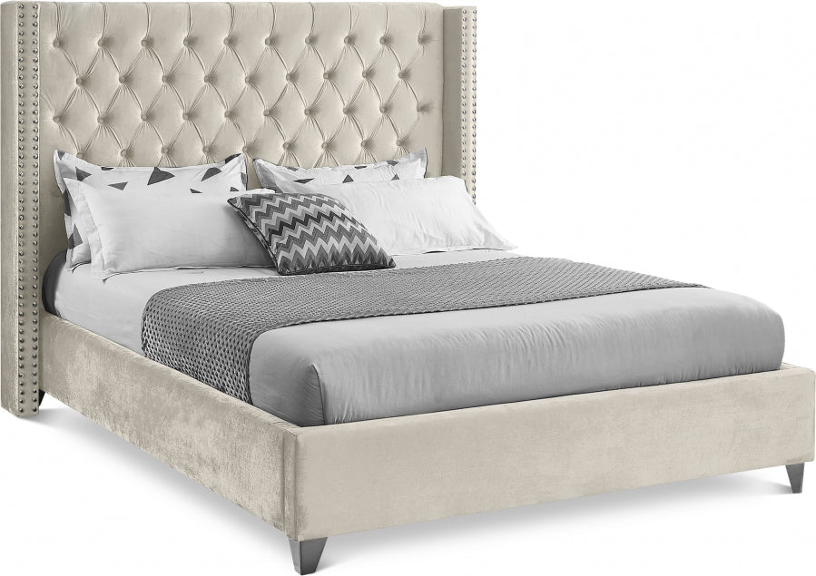 Button-Tufted Velvet Wingback Bed with Chrome Nailheads – Creme