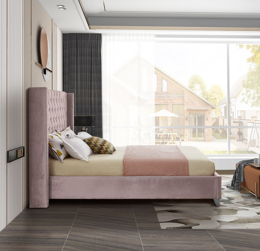 Button-Tufted Velvet Wingback Bed with Chrome Nailheads – Dusty Pink