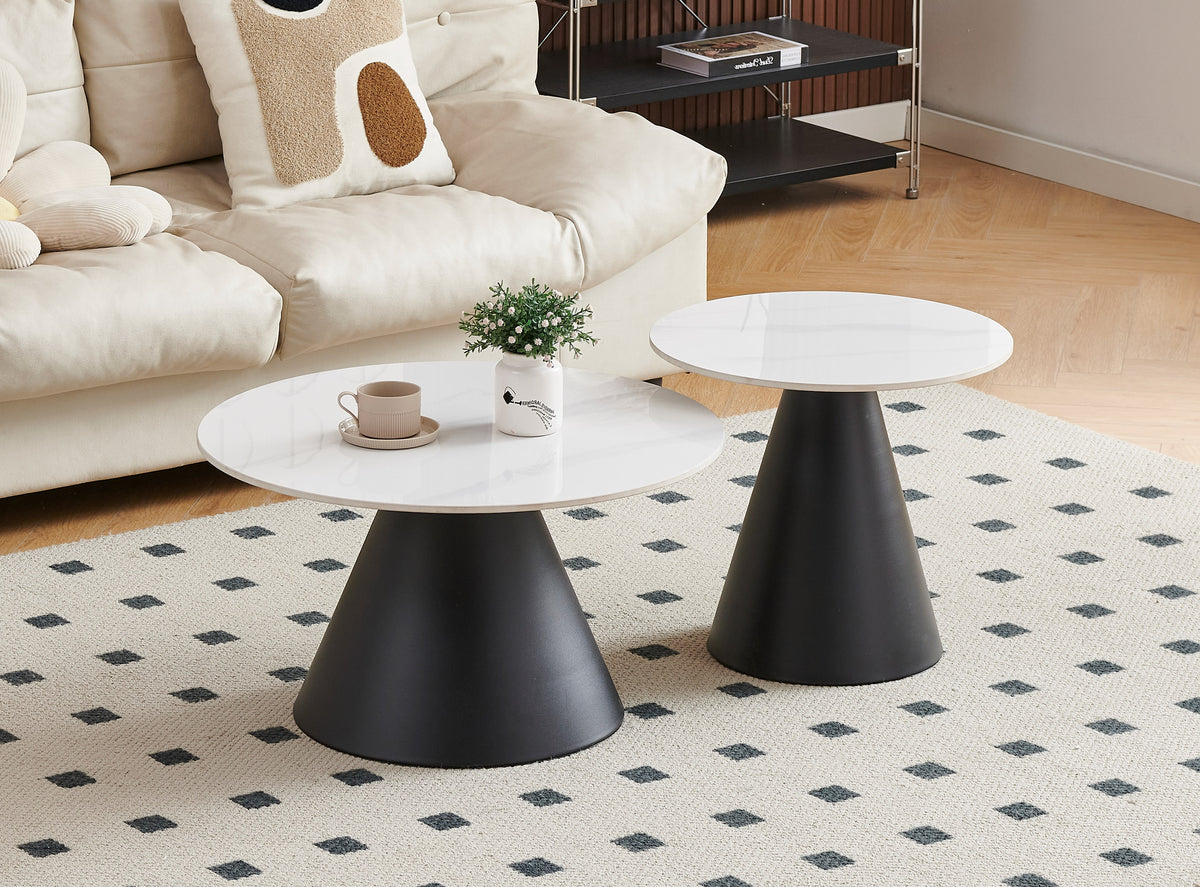Round Sintered Stone 2-Piece Coffee Table Set – Pedestal Base – Snowy White