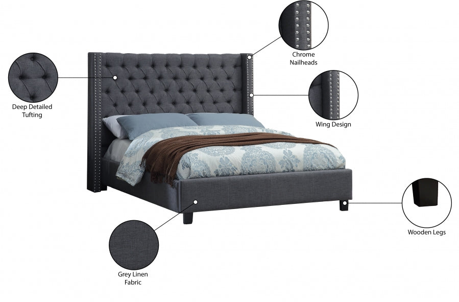 Button-Tufted Wingback Bed with Nailheads – Grey Fabric