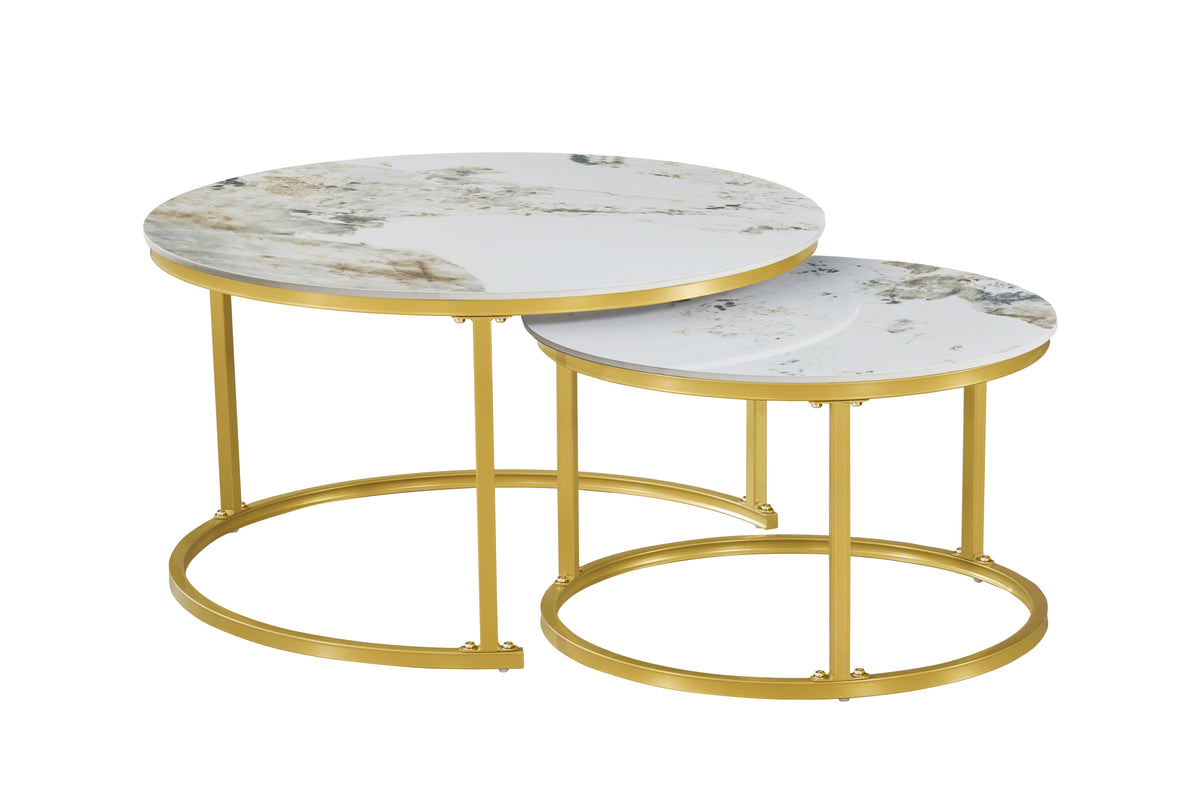 Round Sintered Stone Nesting Coffee Tables – Set of 2 – Pandora with Gold Base