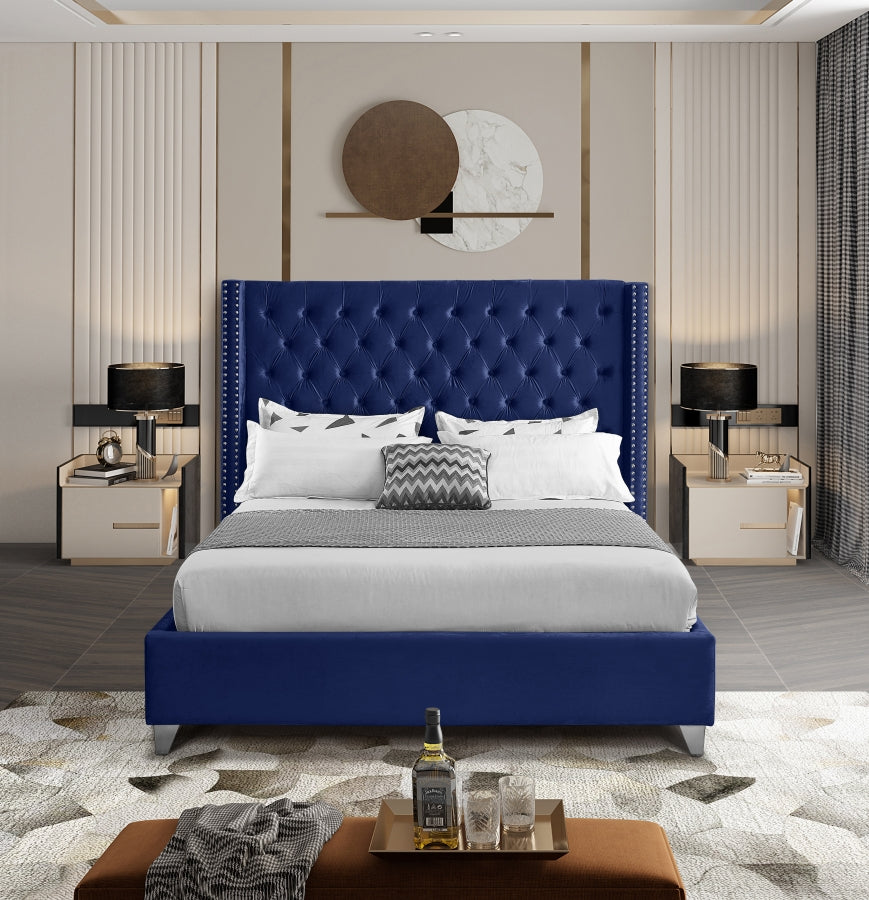 Button-Tufted Velvet Wingback Bed with Chrome Nailheads – Blue