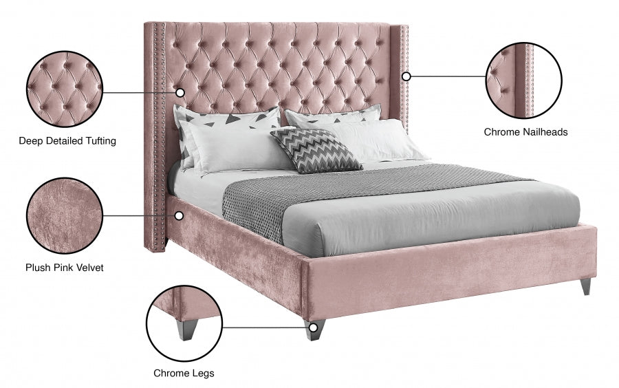 Button-Tufted Velvet Wingback Bed with Chrome Nailheads – Dusty Pink