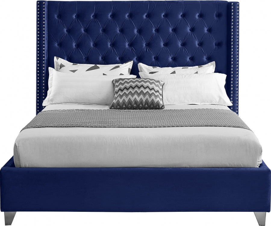 Button-Tufted Velvet Wingback Bed with Chrome Nailheads – Blue