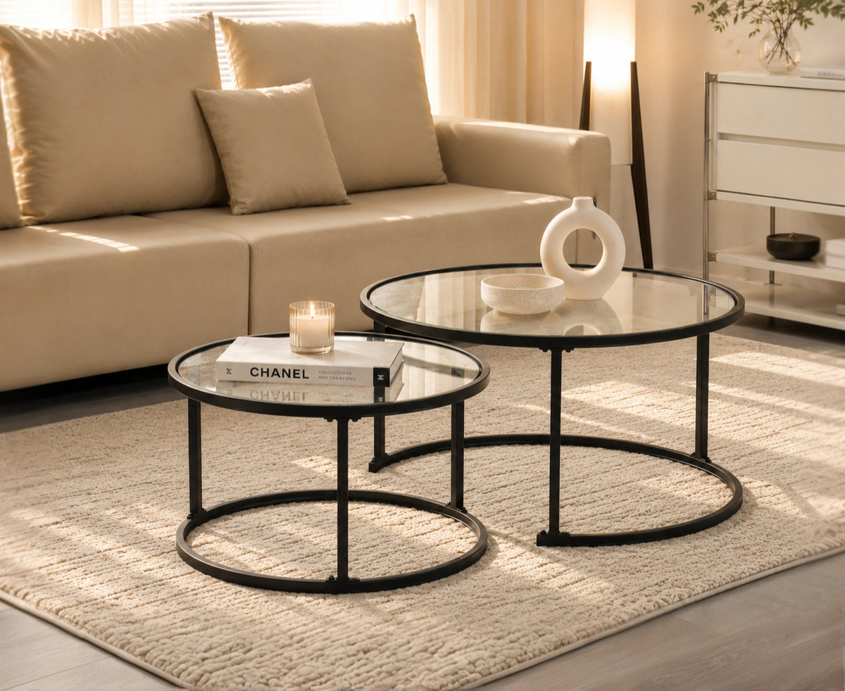 Round Nesting Glass Coffee Tables – Set of 2 – Black
