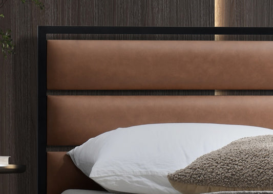 Industrial Metal Bed with Tan Faux Leather Panels