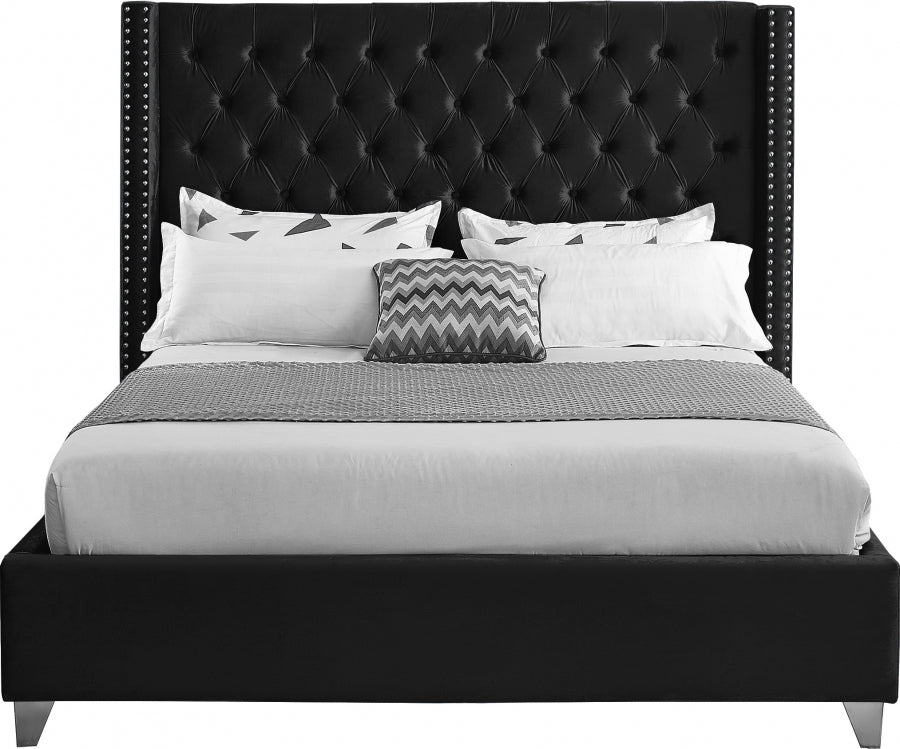 Button-Tufted Velvet Wingback Bed with Chrome Nailheads – Black