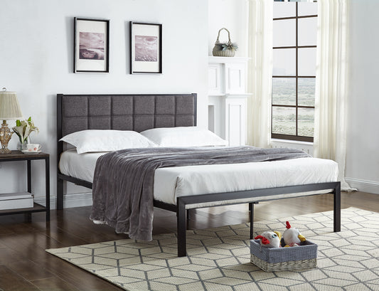 Metal Bed with Padded Grey Fabric Headboard