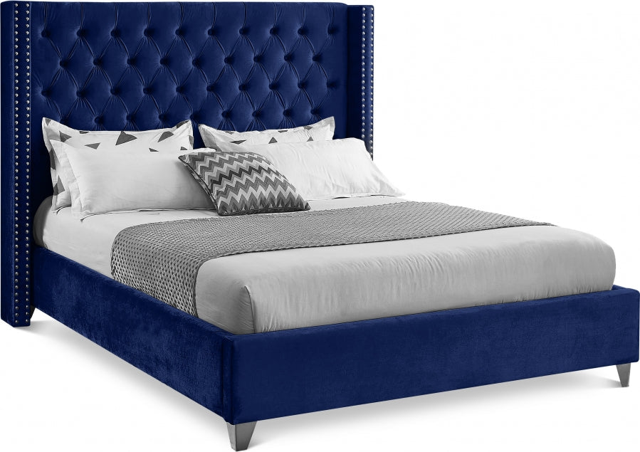 Button-Tufted Velvet Wingback Bed with Chrome Nailheads – Blue