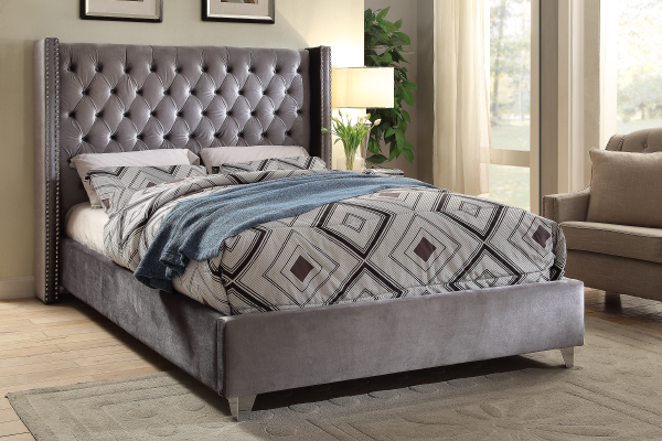 Button-Tufted Velvet Wingback Bed with Chrome Nailheads – Grey