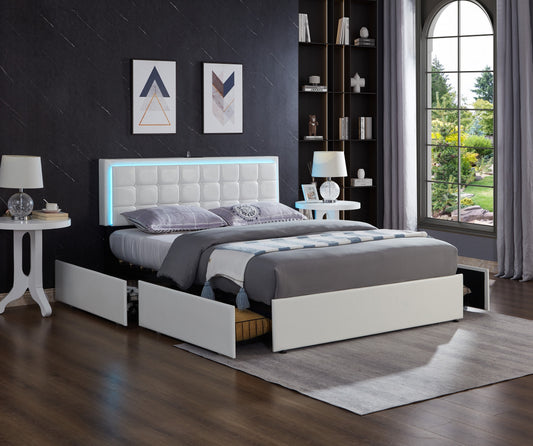 Smart Storage Bed with LED Lights, Charging & 4 Drawers – White