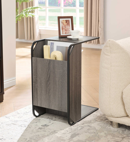 C-Shaped Side Table with Open Storage – Grey Oak