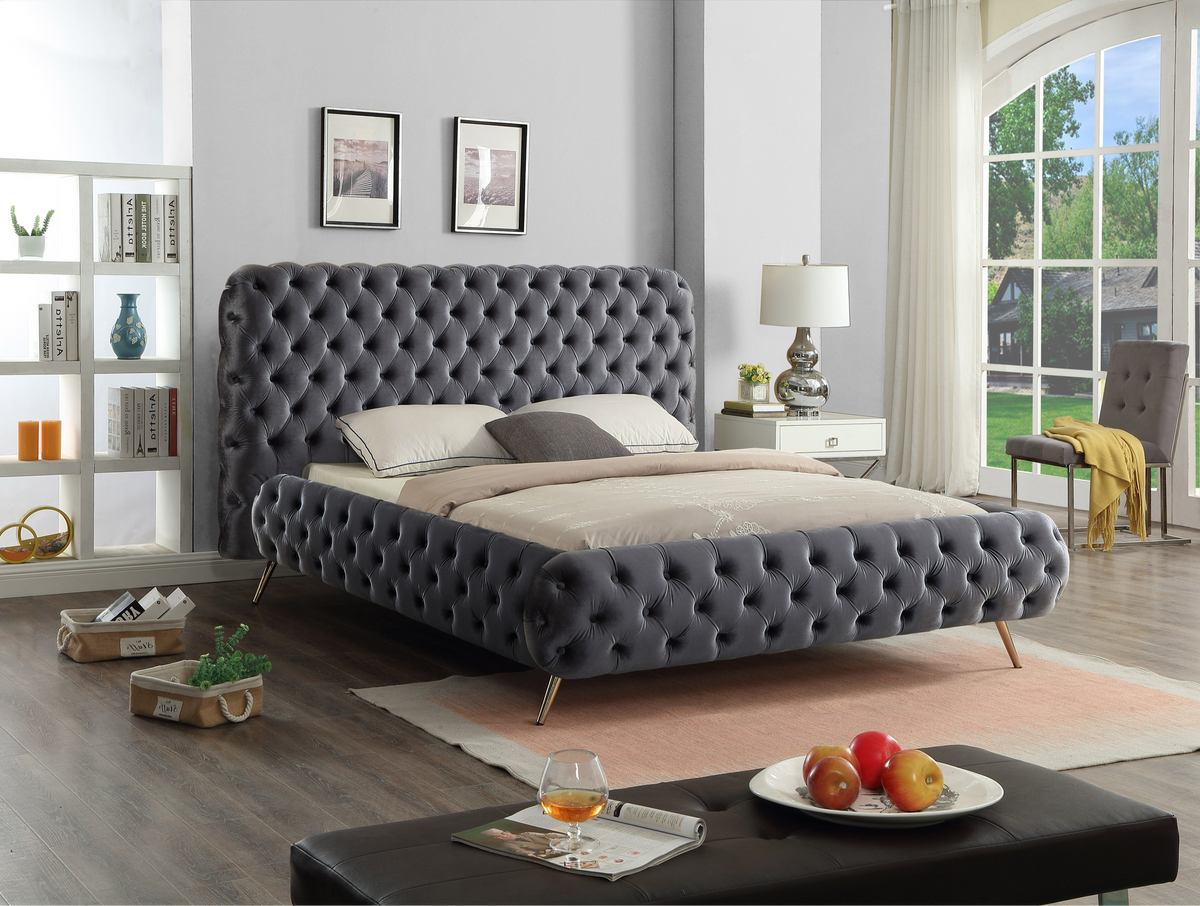 Extra-Deep Button-Tufted Velvet Bed with Chrome Legs – Grey