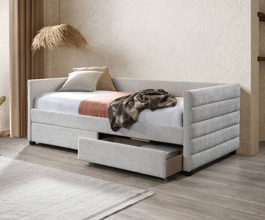 Upholstered Daybed with 2 Storage Drawers – Light Grey
