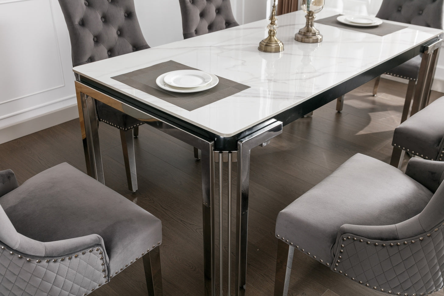 Ceramic Marble Table with Velvet Chairs – Four Color Options