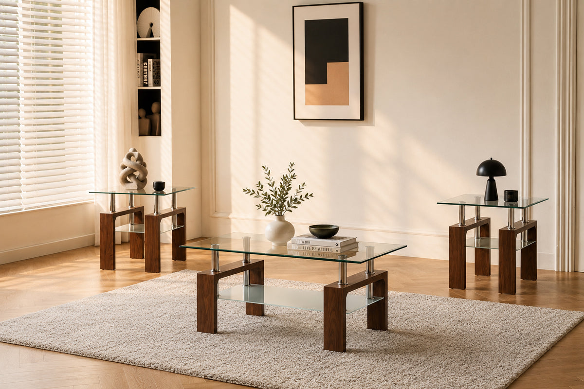 Glass Top 3-Piece Coffee Table Set with Frosted Shelf – Walnut Brown