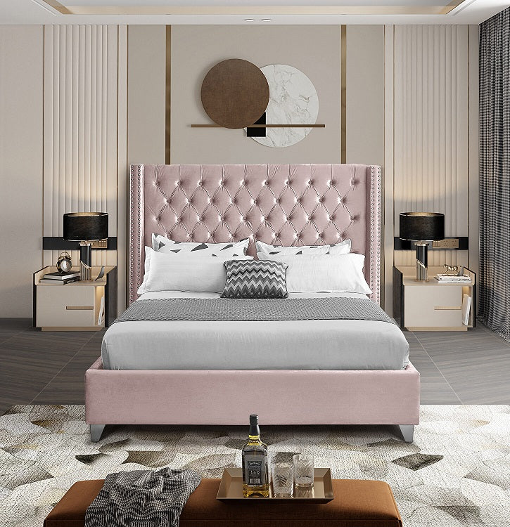Button-Tufted Velvet Wingback Bed with Chrome Nailheads – Dusty Pink