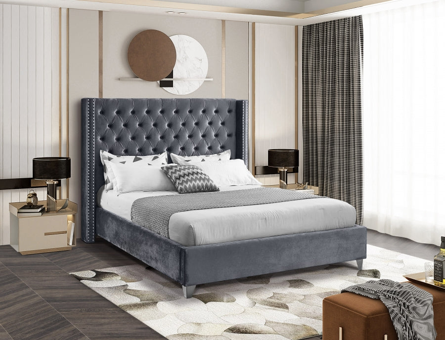 Button-Tufted Velvet Wingback Bed with Chrome Nailheads – Grey