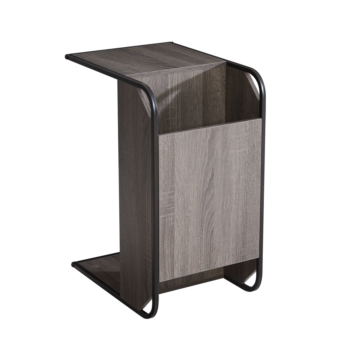 C-Shaped Side Table with Open Storage – Grey Oak