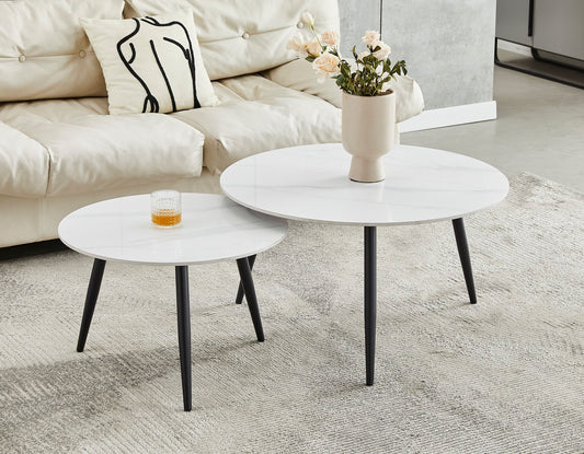 Sintered Stone 2-Piece Coffee Table Set – Black Steel Legs – Snowy White