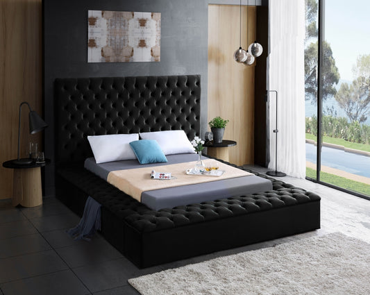 Button-Tufted Velvet Bed with 3 Storage Benches – Black