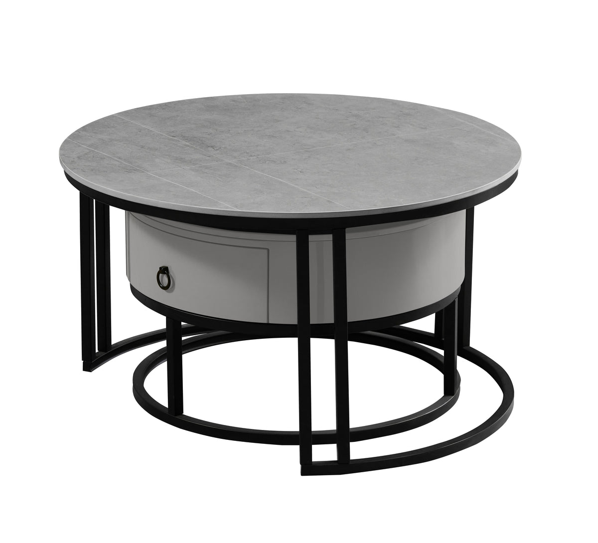 Round Stone Coffee Tables with Storage Drawer – Set of 2 – Armani Grey