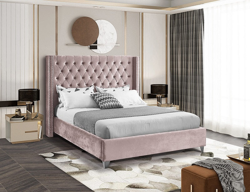 Button-Tufted Velvet Wingback Bed with Chrome Nailheads – Dusty Pink