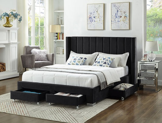 Velvet Wingback Storage Bed with 4 Drawers – Black