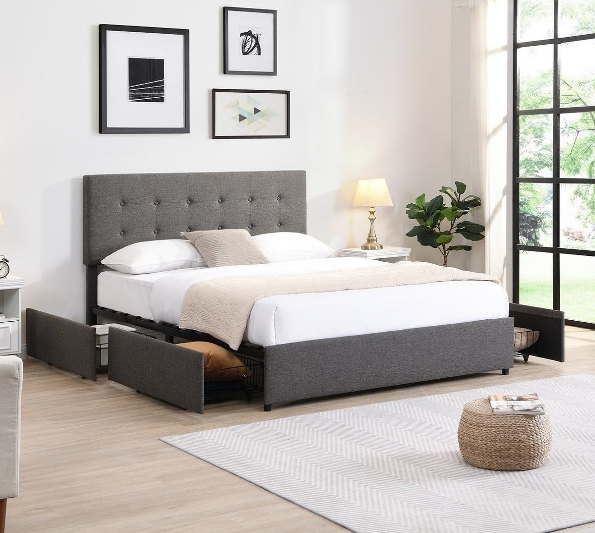 Button-Tufted Storage Bed with 4 Mesh Drawers – Grey